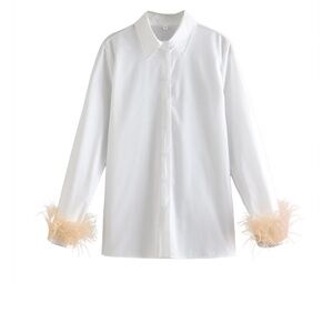 Brand New White Button Down Blouse with Pink feather sleeves